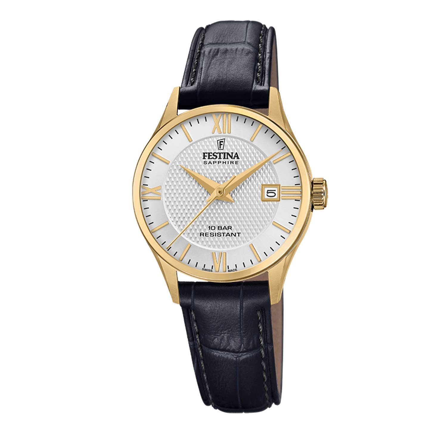Женские часы Festina Swiss made F20011/1 Золотистый корпус из нержавеющей стали, черный кожаный ремешок, Черно-бело-золотой, Браслет, фото №1