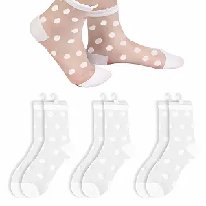 Носки Женские 3 Пары с Вышивкой Точками - Прозрачные Носки Тонкие Белые Деликатные Прозрачные Сетчатые Носки Летние Носки-Следы для Костюмов - Фото 1