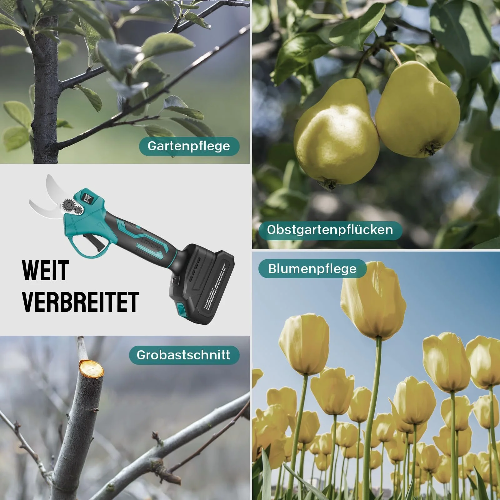 Електричний секатор Geevorks 20 V, акумуляторний з сумкою для перенесення, 2 x 2000 mAh акумулятори та зарядний пристрій, запобіжний вимикач, садові ножиці з м’якою ручкою, діаметр різання 15-30 мм, фото №7