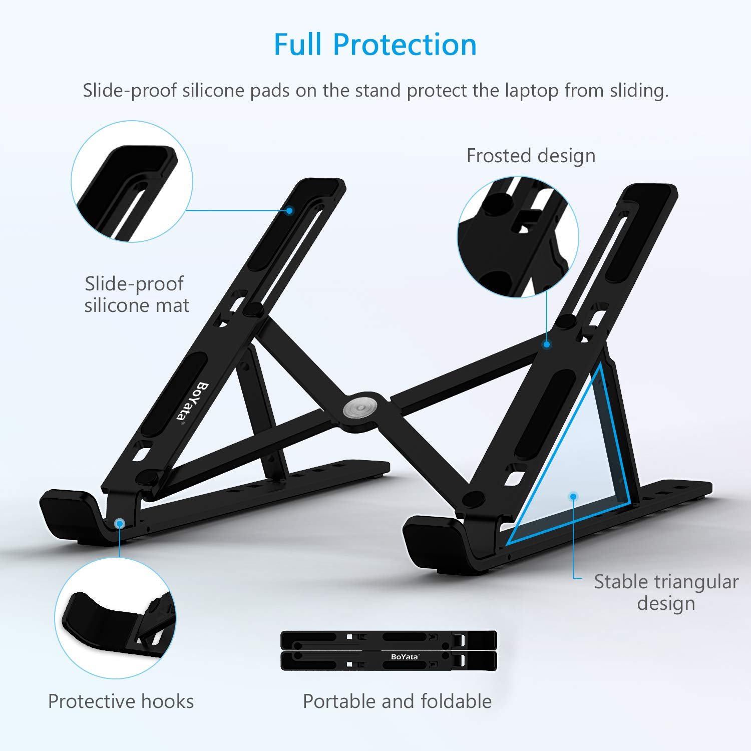 Подставка для ноутбука BoYata, 6 уровней регулировки высоты, портативный держатель для ноутбука для стола, складная алюминиевая подставка, совместима с MacBook Air, Dell XPS, большинство 10-15,6-дюймовых ноутбуков, черная, фото №4