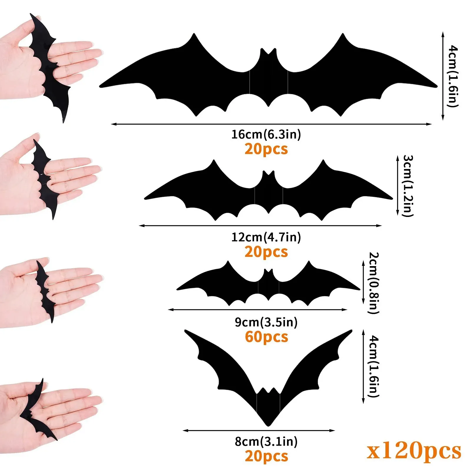 Наклейки на стіну Halloween Bat 120 штук Кажани 3D 4 розміри Водонепроникні PVC Чорний, фото №2
