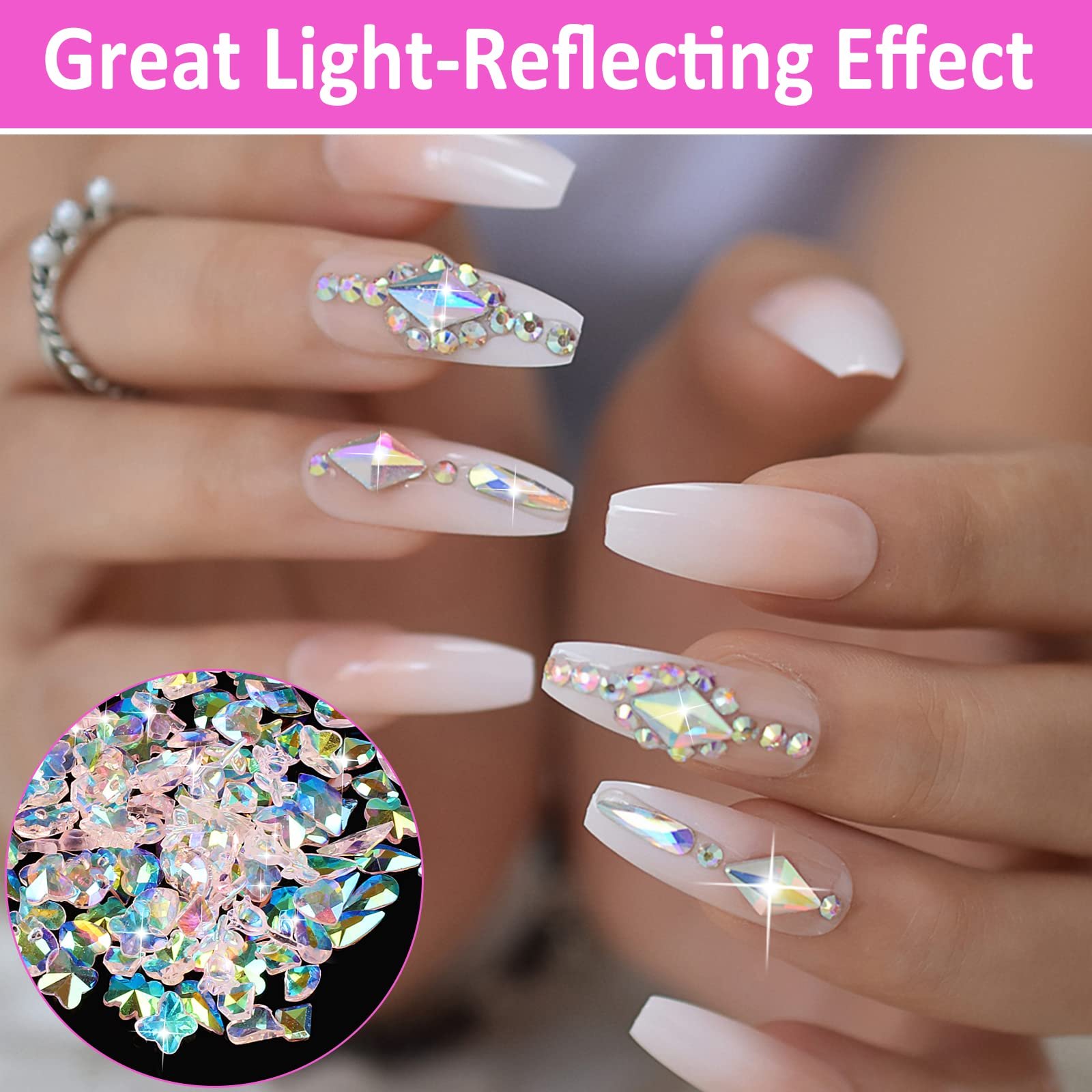 Стразы для ногтей 1560 шт., кристаллы с плоской задней стенкой с ручкой для точечной росписи и пинцетом, камни для дизайна ногтей, поделок, 3 коробки, фото №4