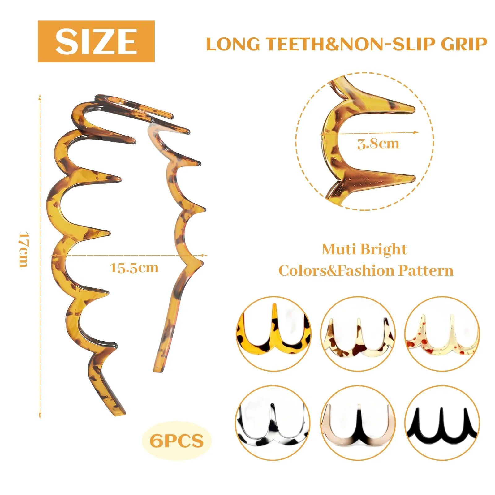 Обруч для волосся Zigzag, 6 шт, пластик, хвилястий, фото №2