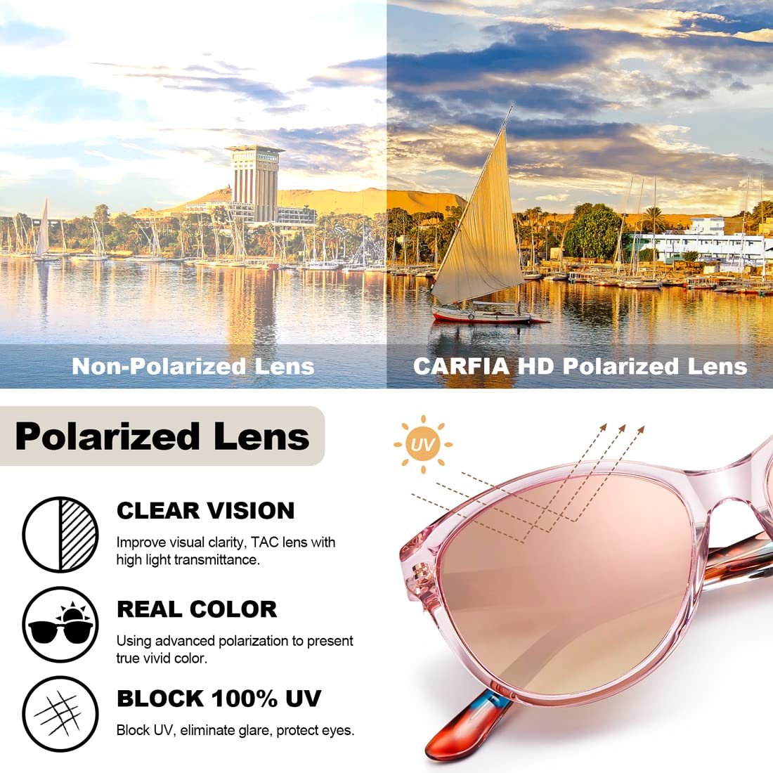 Сонцезахисні окуляри CARFIA Дзеркальні Жіночі Поляризовані UV400, фото №6