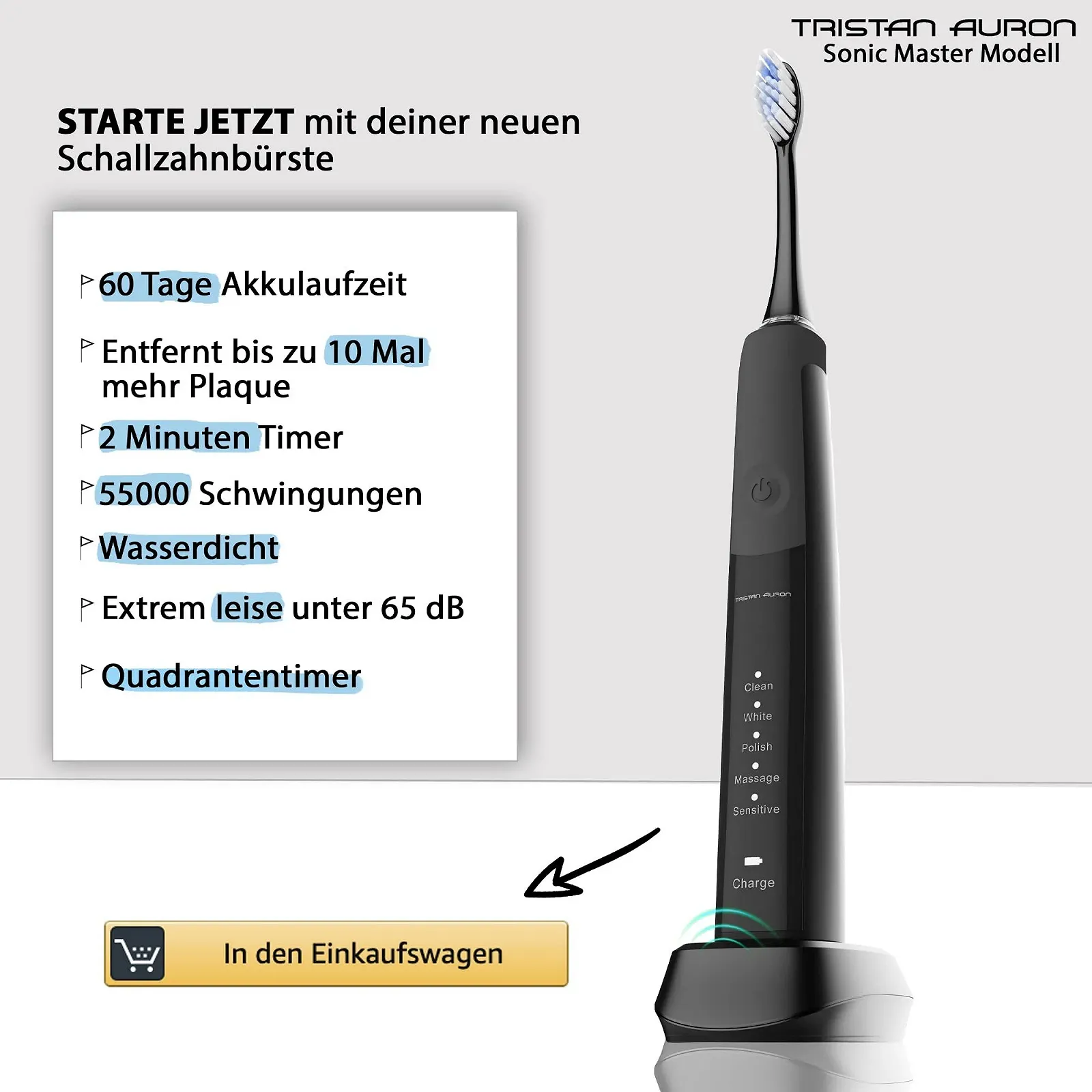 Электрическая звуковая зубная щетка Tristan Auron Sonic 55000 колебаний 5 режимов 60 дней работы Black, фото №4