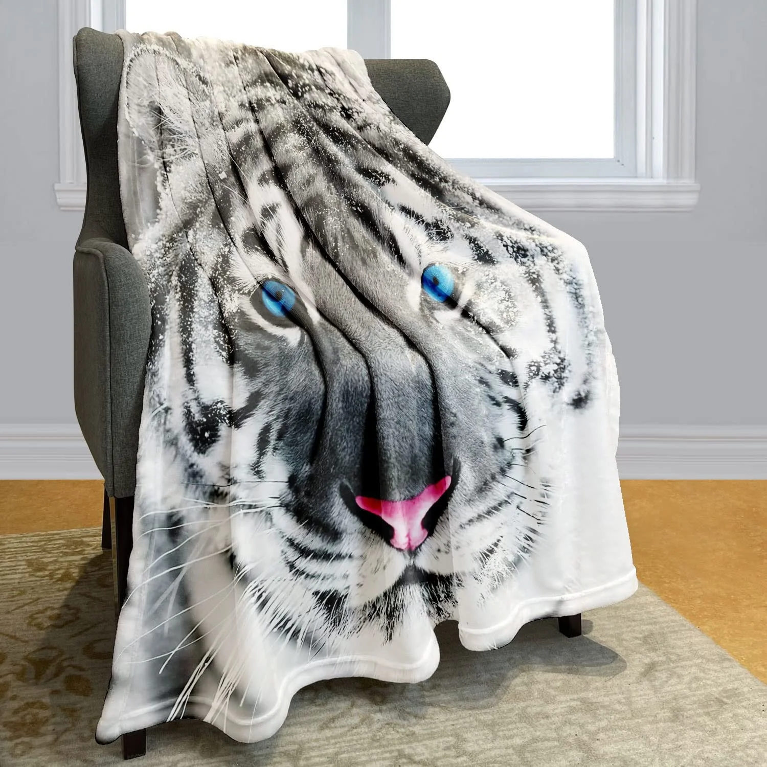 Одеяло Violetpos Флисовое Мягкое Теплое Уютное Фланелевое для дивана Сибирский Тигр Голубые Глаза 150 x 200 см, фото №3