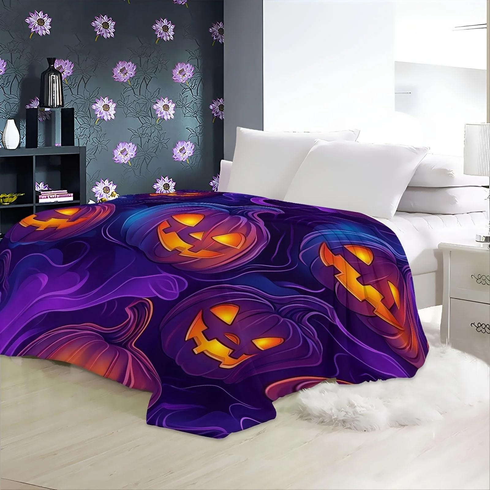 Плюшева м'яка Покривало з ретро-принтом гарбуза з високоякісного фланелевого матеріалу, лілово-помаранчева, 150 x 200 см, фото №6