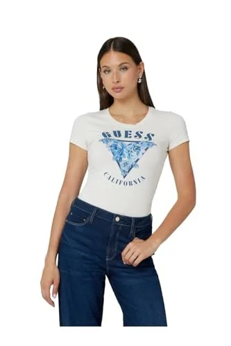Футболка GUESS Eco Short Sleeve Roses Triangle Tee, кремово-біла, маленька, фото №3