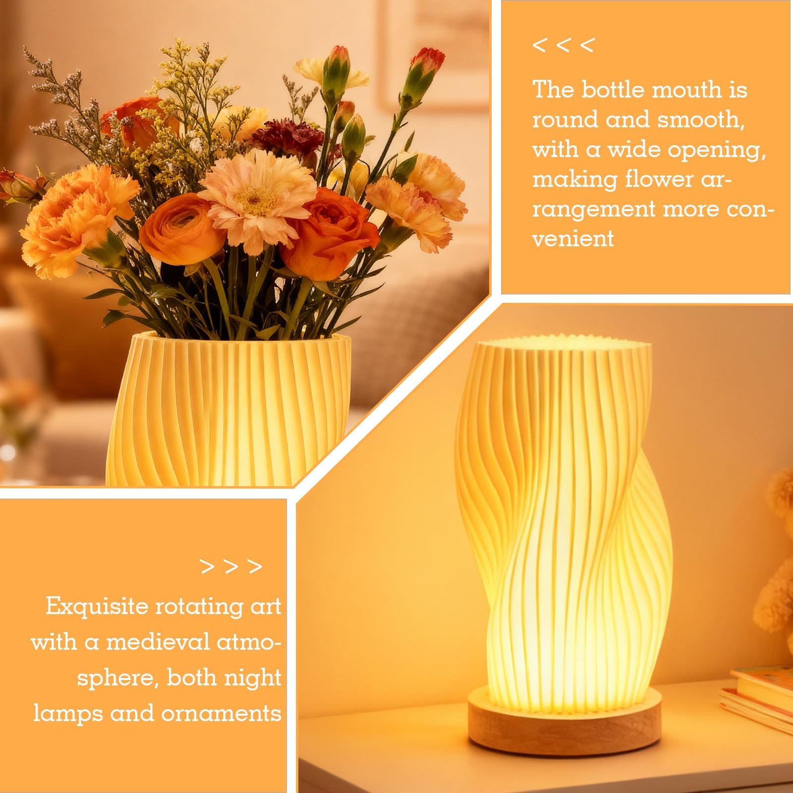 Настільна лампа з дерев'яною основою та абажуром з PLA 3-колірна LED з регулюванням яскравості 9 рівнів сучасна USB поворотна, фото №4