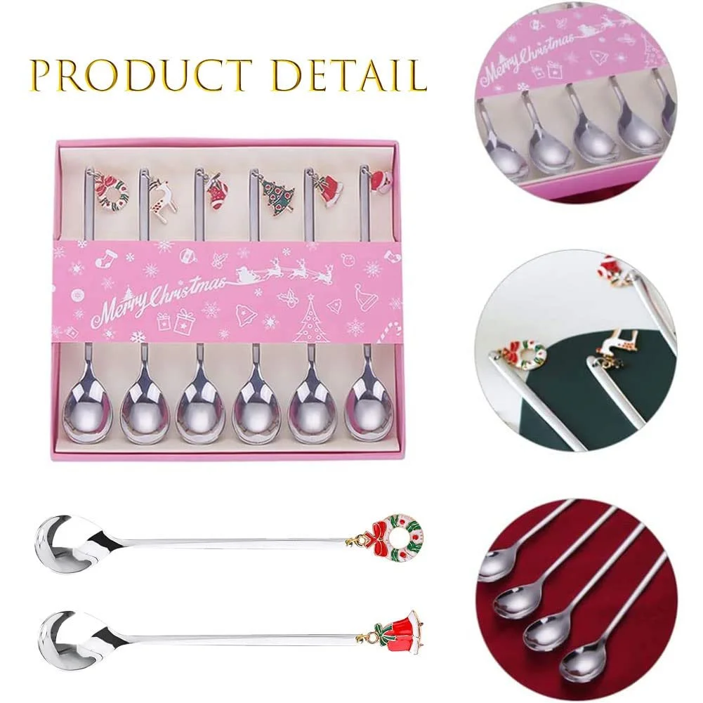 Ложки для кофе Рождественские, Набор 6 шт, Ложки для десерта, Ложки для смешивания, Чайные ложки, с Рождественским кулоном, Елка, Шляпа лося, Колокольчики для чая, Упаковка в подарочной коробке Серебряный, фото №2