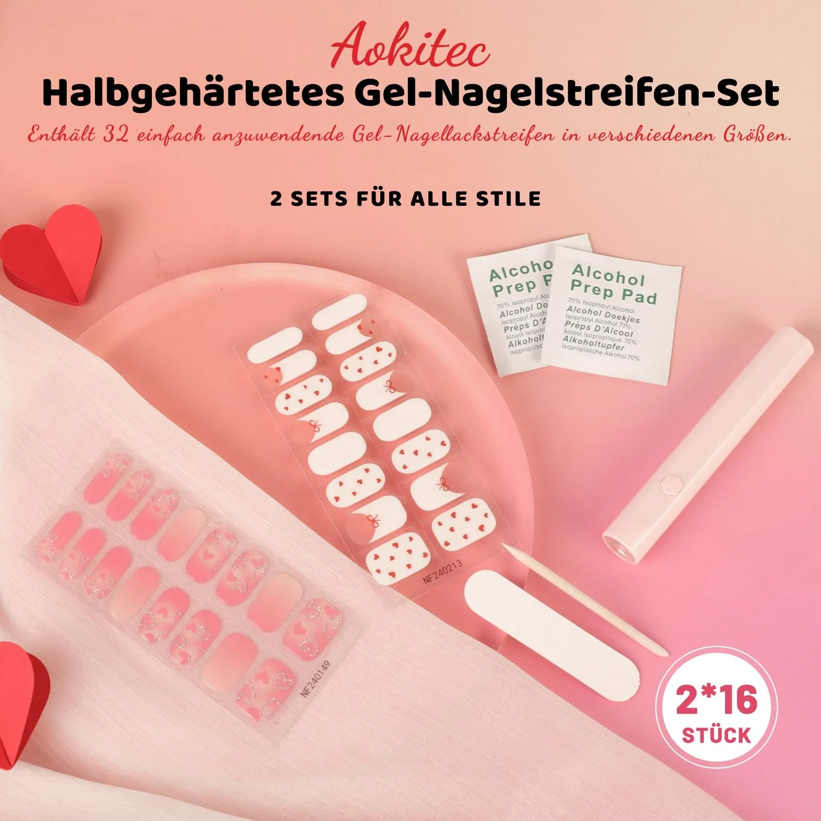 Плівка для нігтів Aokitec UV Hardening з UV-лампою 32 шт. Heart Pattern UV Gel Strips, фото №2