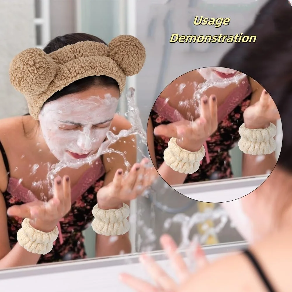 Пов'язка на голову для спа процедур, для косметики, плюшева з ведмежими вушками для вмивання обличчя, коричнева, фото №5