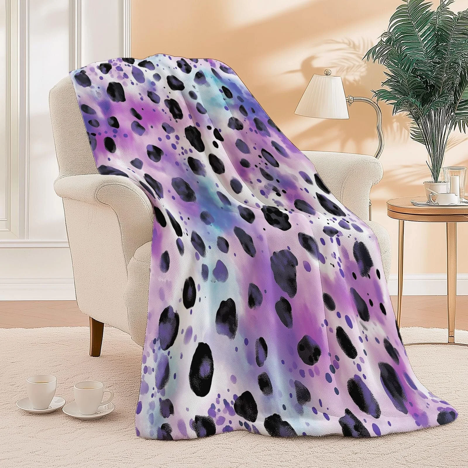 Плед Фланелевый Шерпа Флис 3D Лиловый 130 x 150 см Мягкий Микрофибра Теплый Гостиная Акварельный Узор Звездный Леопард, фото №5