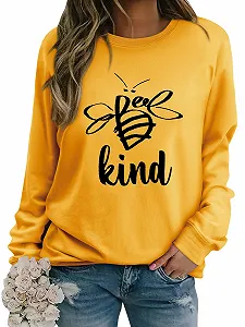 Свитшот WIEIYM Be Kind Женский, с рисунком милой пчелки, с круглым вырезом горловины, смешные топы с длинными рукавами, базовый пуловер для весны, осени, зимы - Фото 1