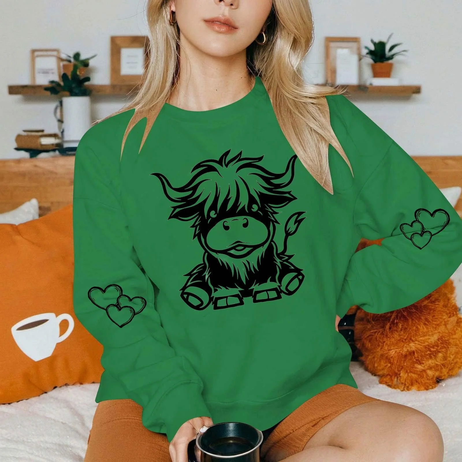 Рубашка с длинными рукавами Komiseup Basic, круглый вырез, модные звериные мотивы, спортивный пуловер с длинными рукавами, свитшот без капюшона, свободный повседневный пуловер, праздничная спортивная рубашка с коровьим мотивом для девушек-подростков, уличная одежда 15, фото №6