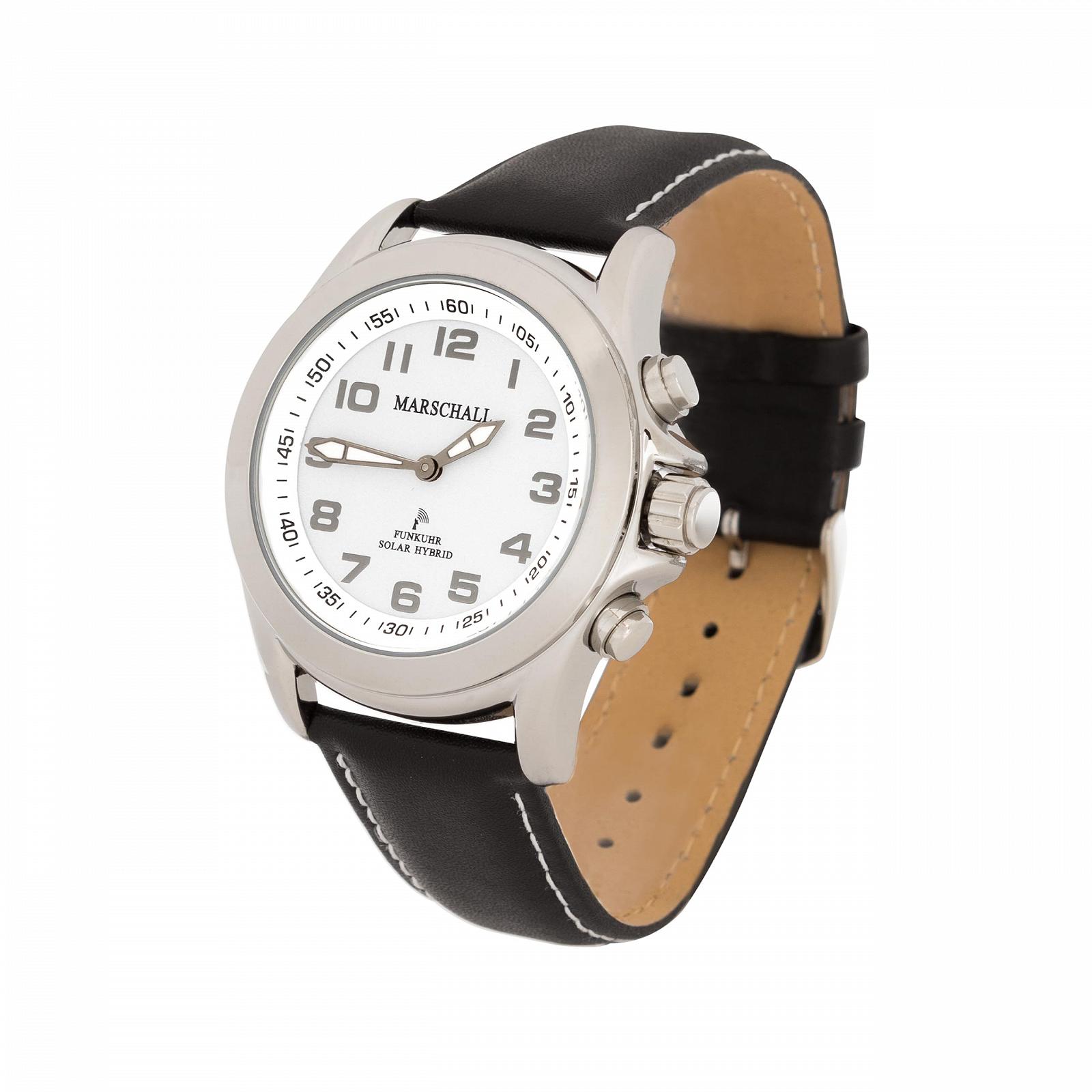 Говорящие наручные радиочасы Marschall German 1146wl с солнечной панелью для слепых, пожилых людей и людей с деменцией черный кожаный ремешок, фото №1