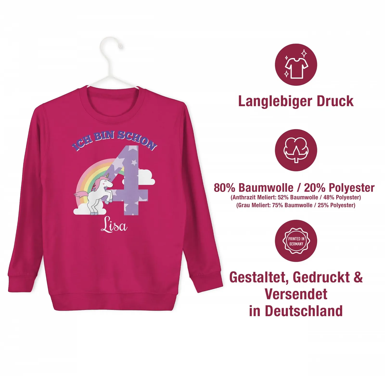 Світшот Shirtracer 4th Ich Bin Schon 4 Unicorn Fabulous Creatures Fourth Birthday, фото №4