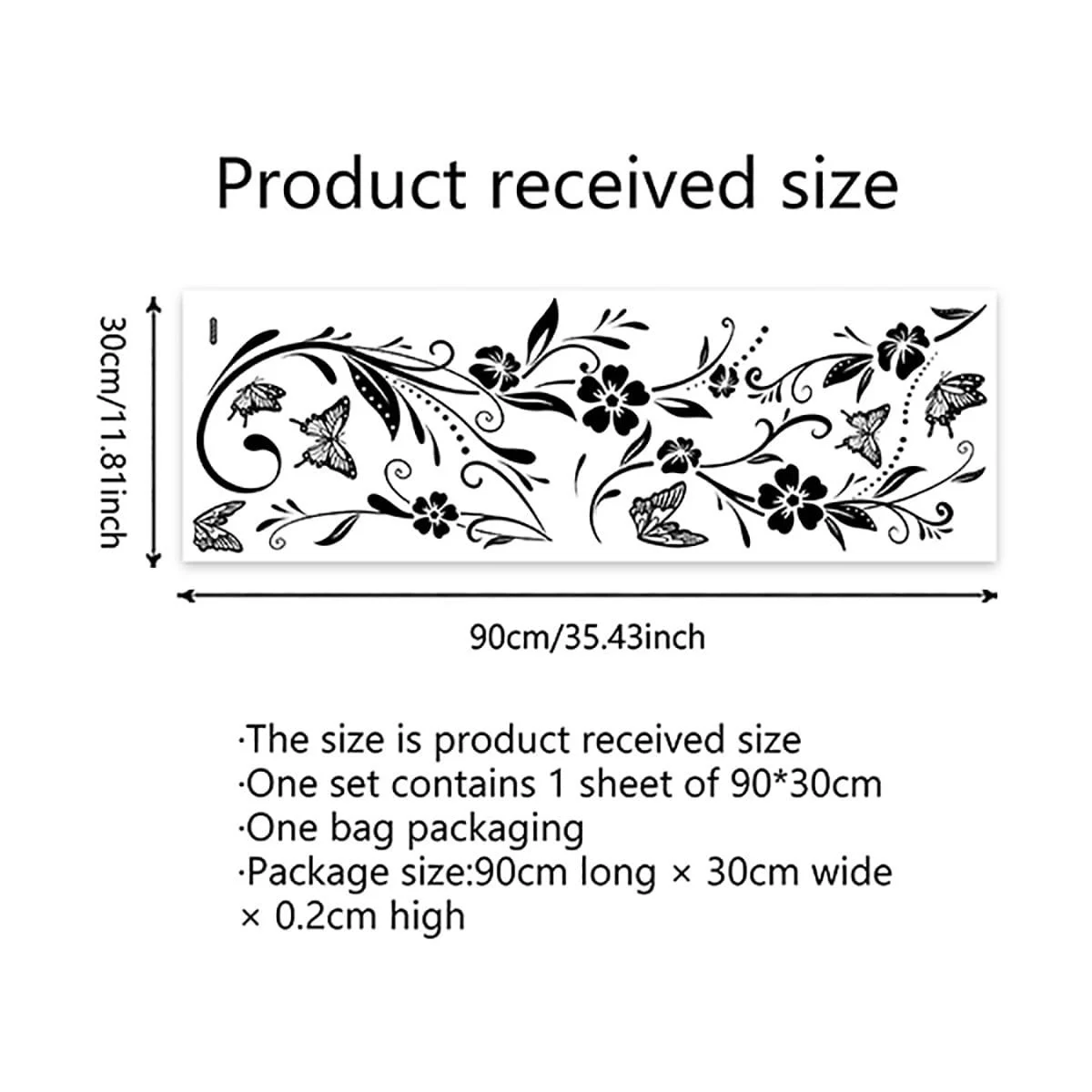 Наклейка на стіну Runtoo Квіткові лози та метелики Чорна 107 x 32 см, фото №4