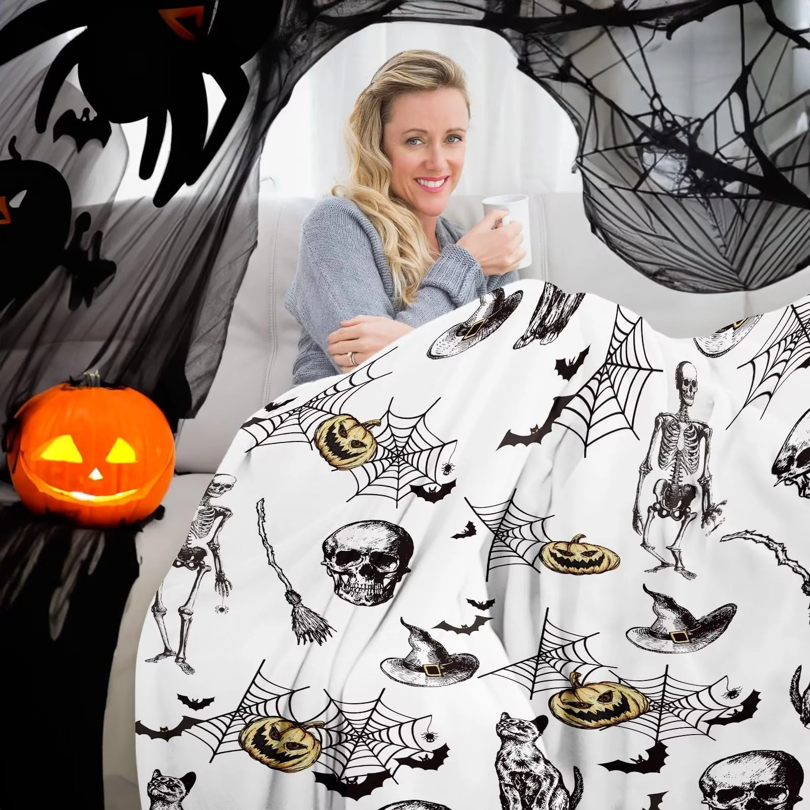 Одеяло KEPMOV Halloween, фланелевое, с принтом черепа, ведьмы, паутины, тыквы, 130 x 150 см, фото №6