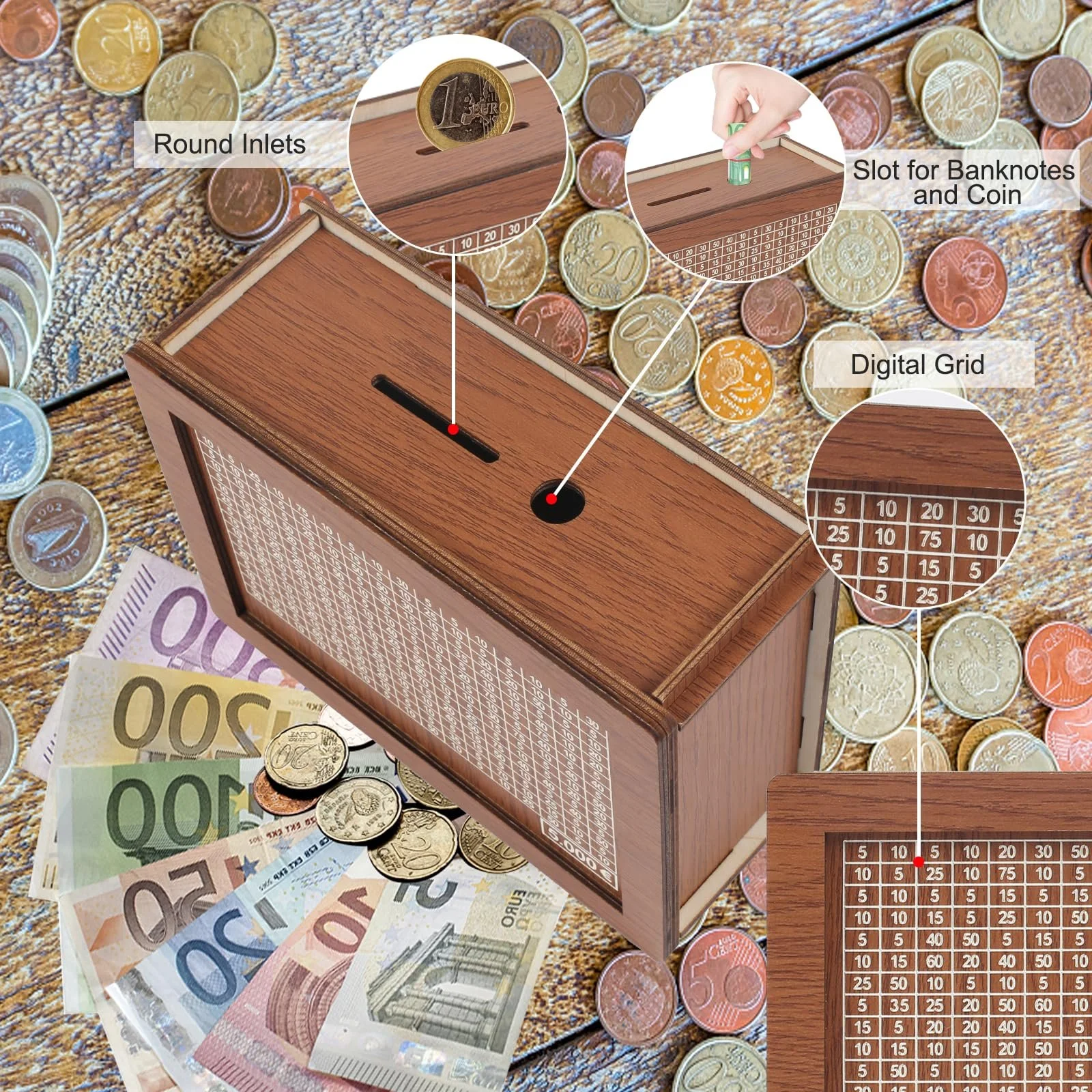 Скарбничка Wooden Money Box 5000 Euro з лічильником Дерев'яна, фото №3