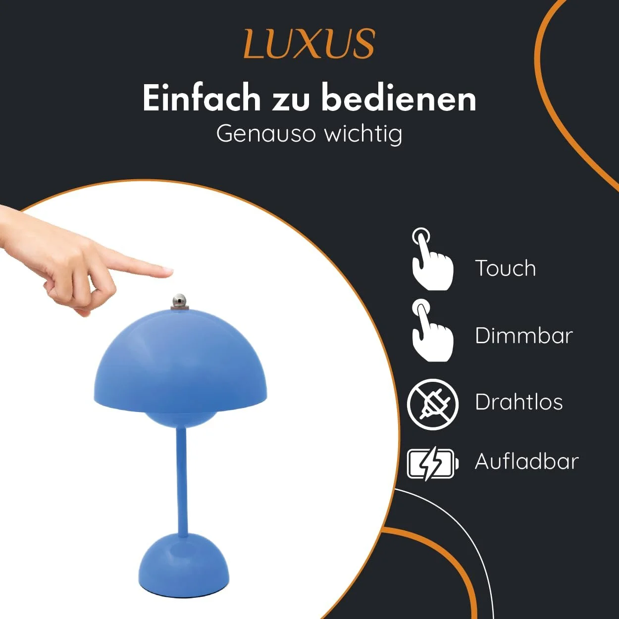 Настільна лампа Luxus Touch Deluxe Josephine синя, H34 x Ø9, LED, акумуляторна, бездротова, з регулюванням яскравості, для внутрішнього та зовнішнього використання, фото №2