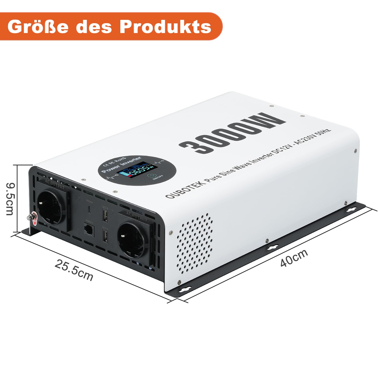 Перетворювач OUBOTEK 3000W/6000W Чистий синус DC 12V до AC 230V з бездротовим пультом дистанційного керування LCD дисплей 2 AC розетки 2 USB-A та 1 Type-C, фото №5