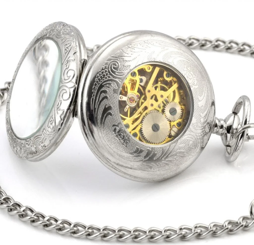Карманные часы с ручным заводом Unendlich U Fashion Retro Механические Скелетон с цепочкой и увеличительным стеклом Серебристый, серебристый, Античная отделка, фото №4