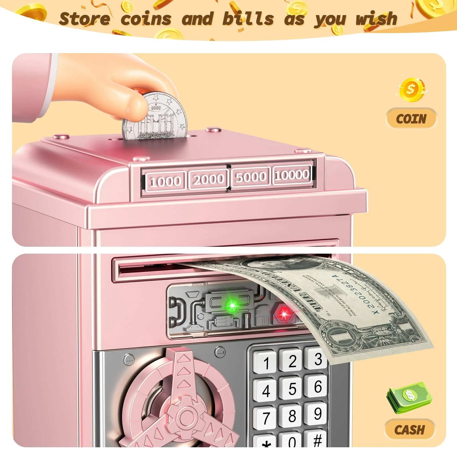 Скарбничка-сейф Електронна з паролем Банкомат Рожеве золото, фото №4