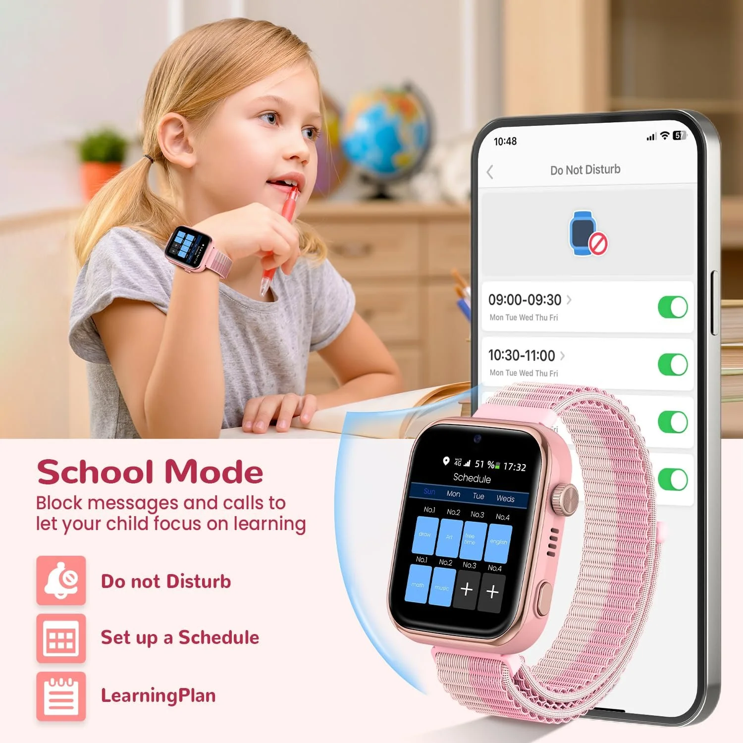 Детские Smartwatch 4G с видеозвонком и телефоном, IP68 водонепроницаемые, голосовой чат, WhatsApp, WiFi, GPS, SOS, SMS, школьный режим, шагомер, будильник сна для девочек, фото №5