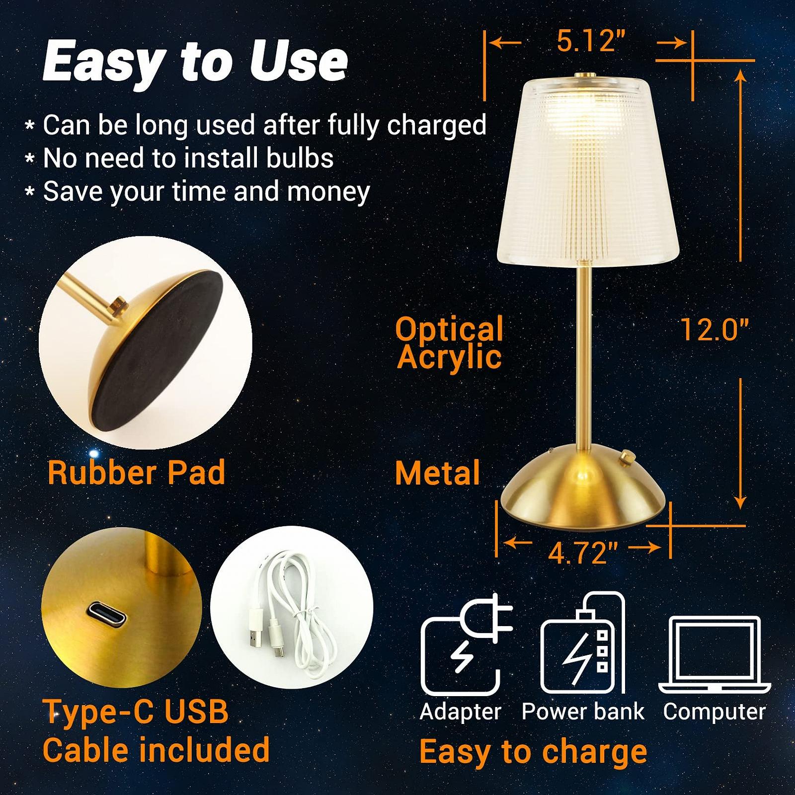 Настільна лампа Amingulry Wireless 4000 mAh 3 Colour Modes Dimmable Gold Metal 30 см, фото №6