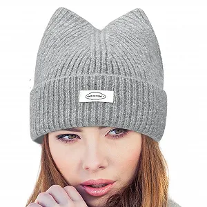 Вязаная Шапка с кошачьими ушками Светло-серая synthetic.ua - Фото 1