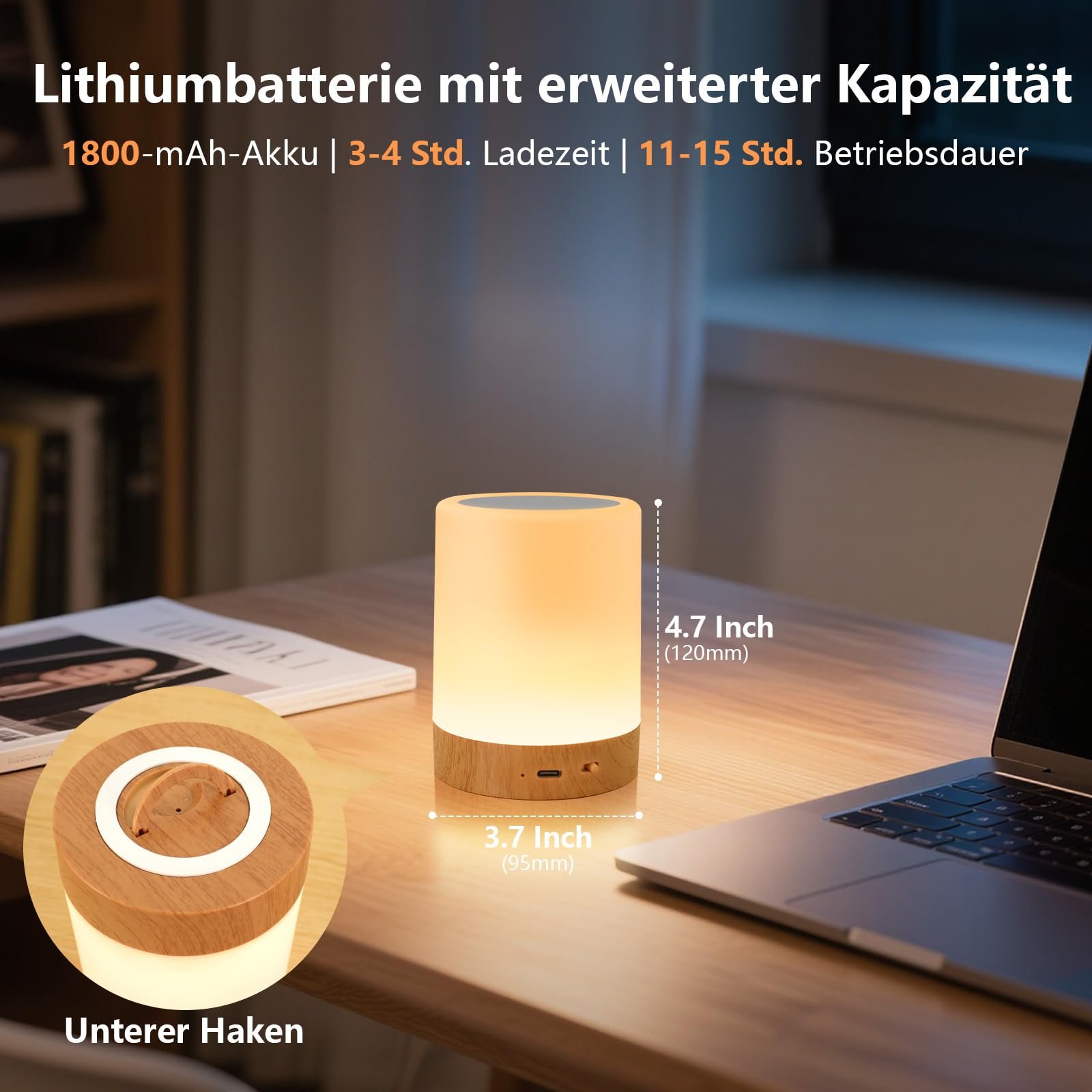 Настільна лампа-нічник LED Бездротова Сенсорна 13 кольорів Акумуляторна USB Таймер Дерево, фото №7