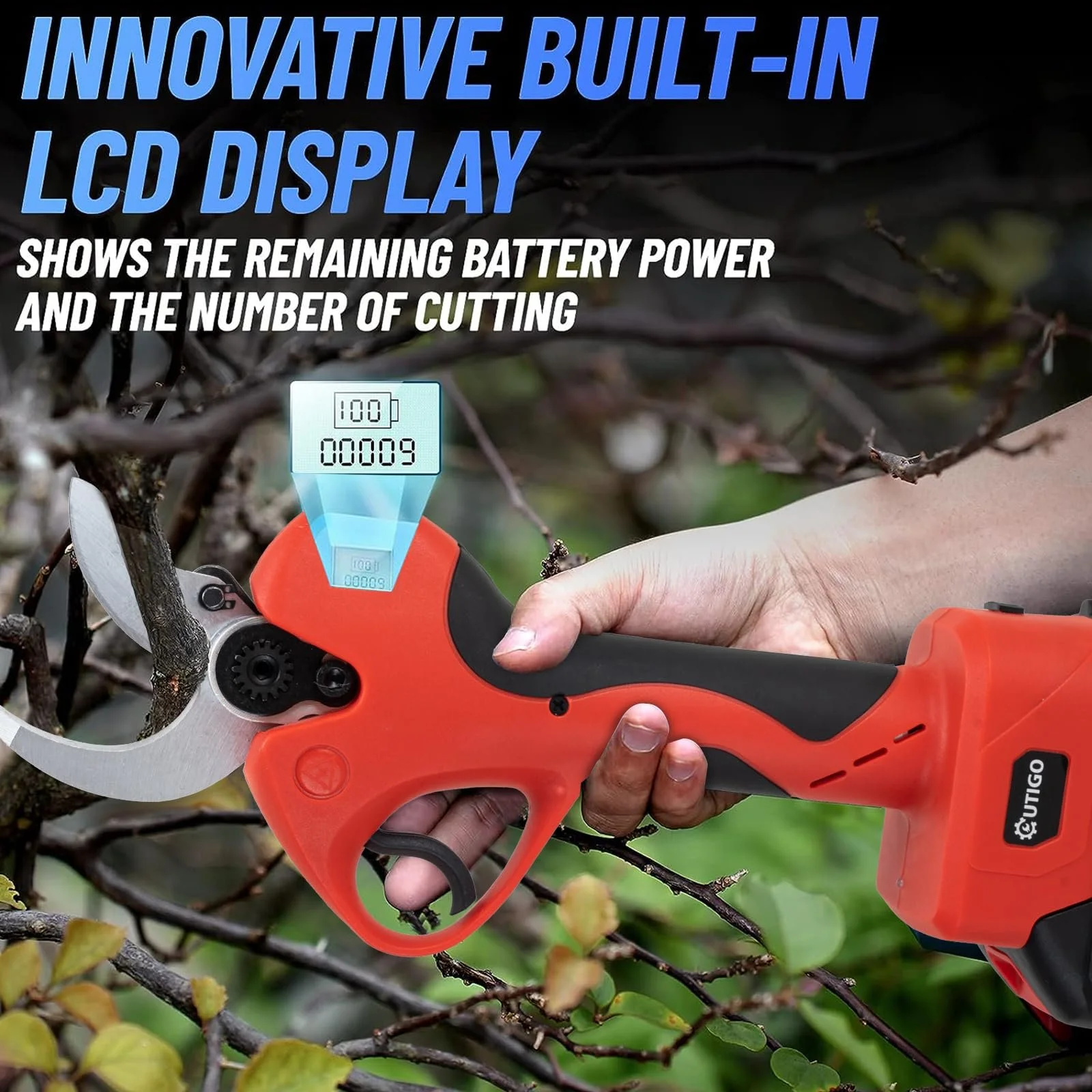 Садові електричні ножиці 40 мм, 2 x 3000 mAh літієві акумуляторні батареї, фото №2