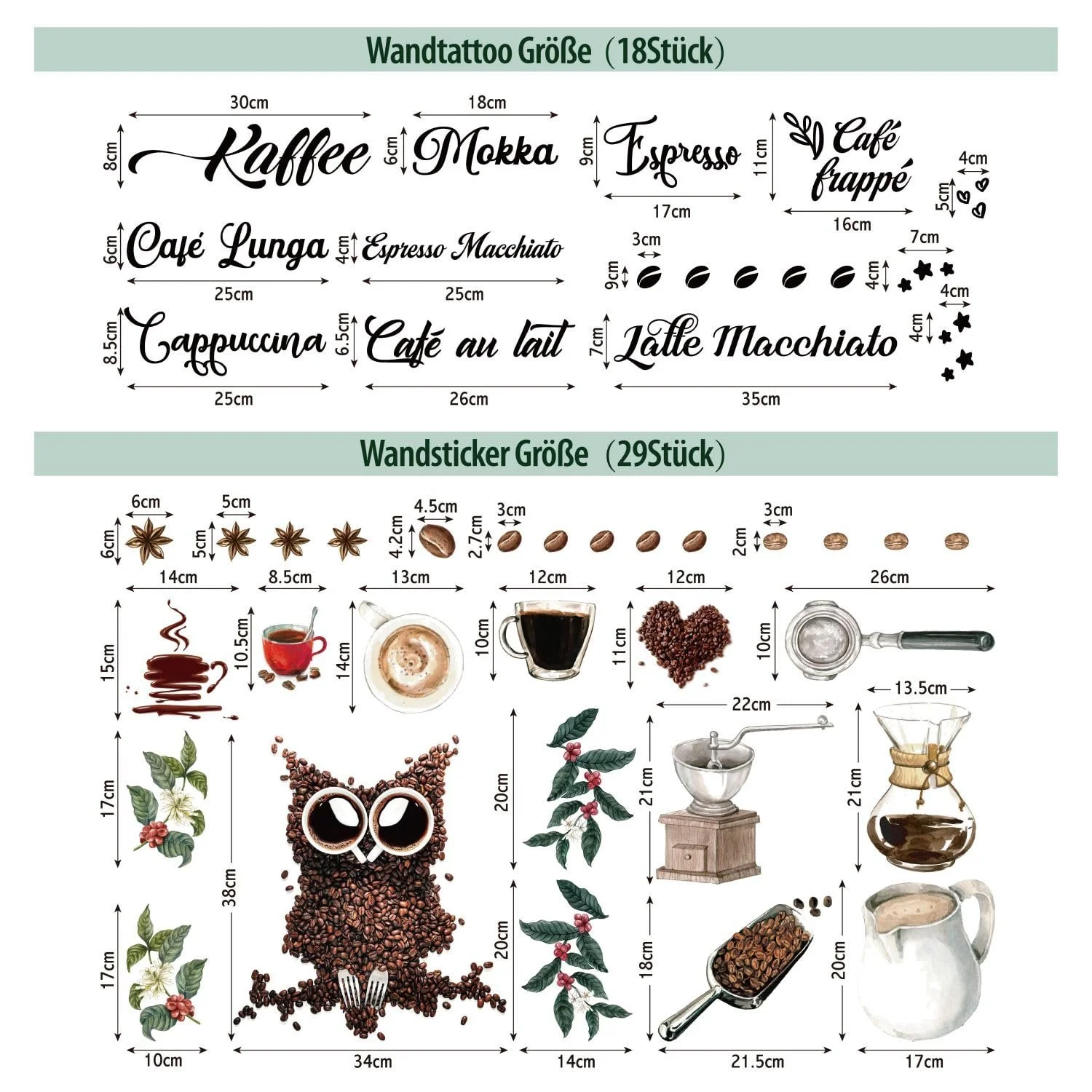 Наклейки на стену Coffee Varieties Owl Coffee Beans 47 шт., фото №7