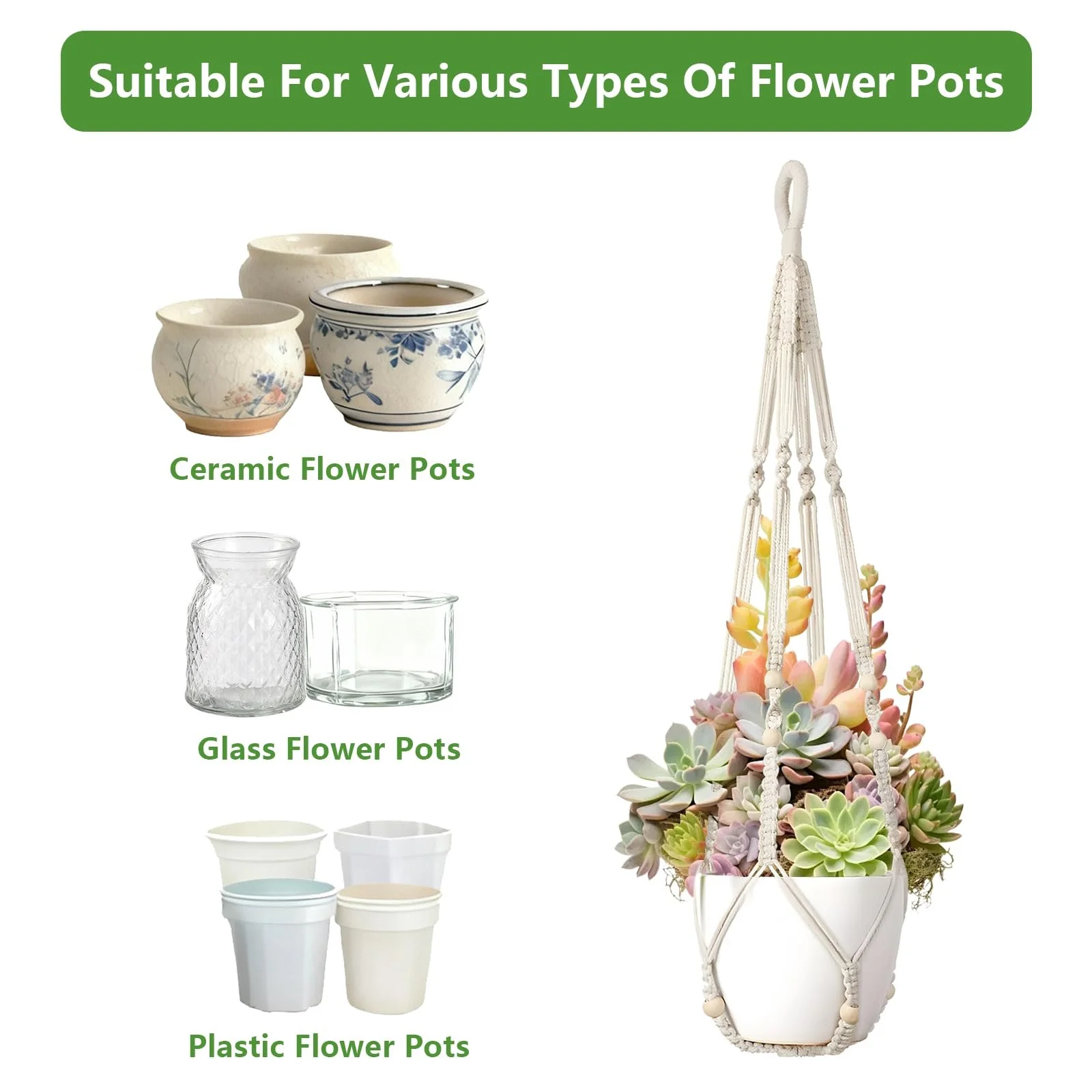 Подвесные корзины макраме Набор из 2 шт хлопковые 89 см с крючками Белый, фото №4