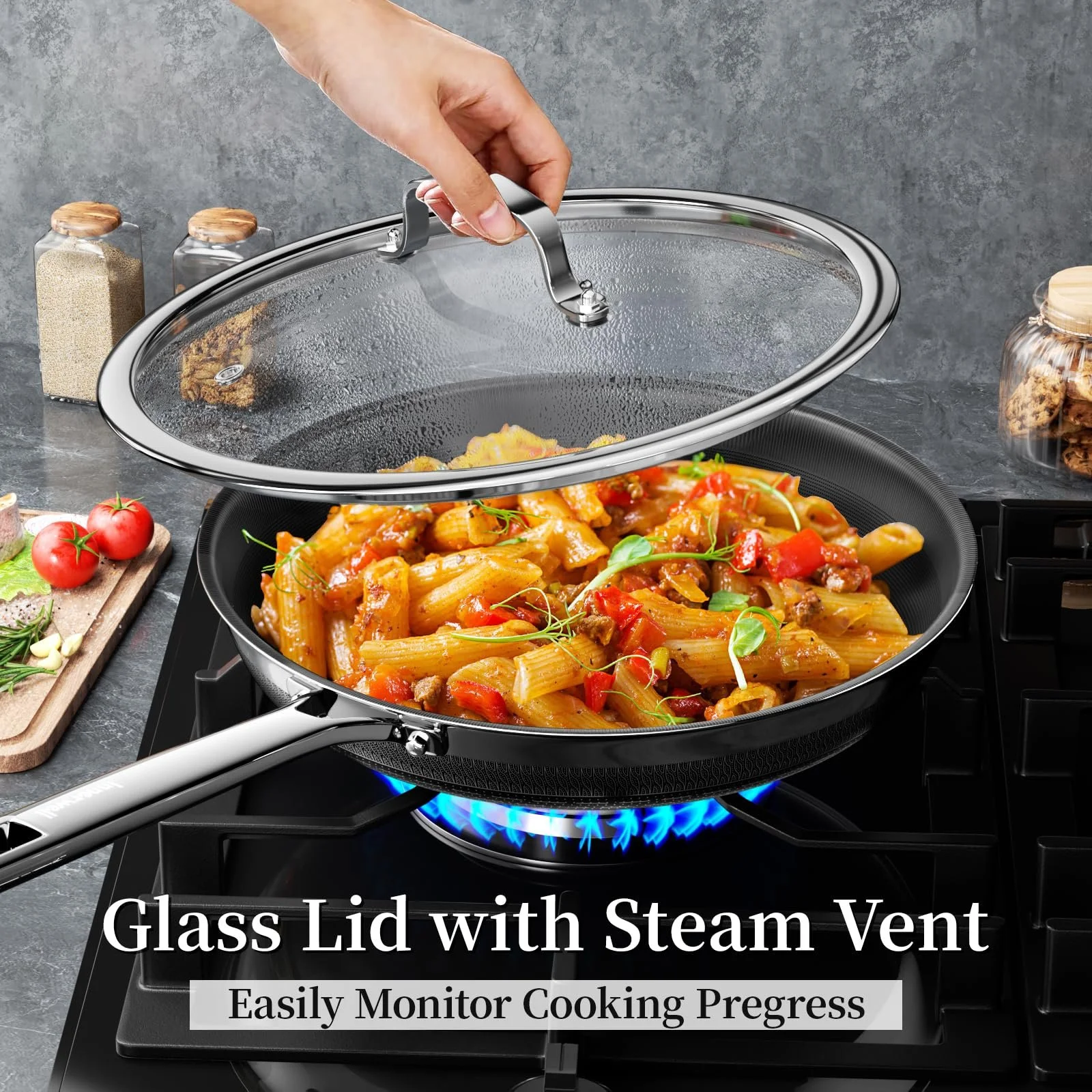 Пательня Innerwell Титан-кераміка 28 см, індукційна, з кришкою, нержавіюча сталь, антипригарне покриття, для духовки, без PFOA, для всіх плит, чорна, фото №6