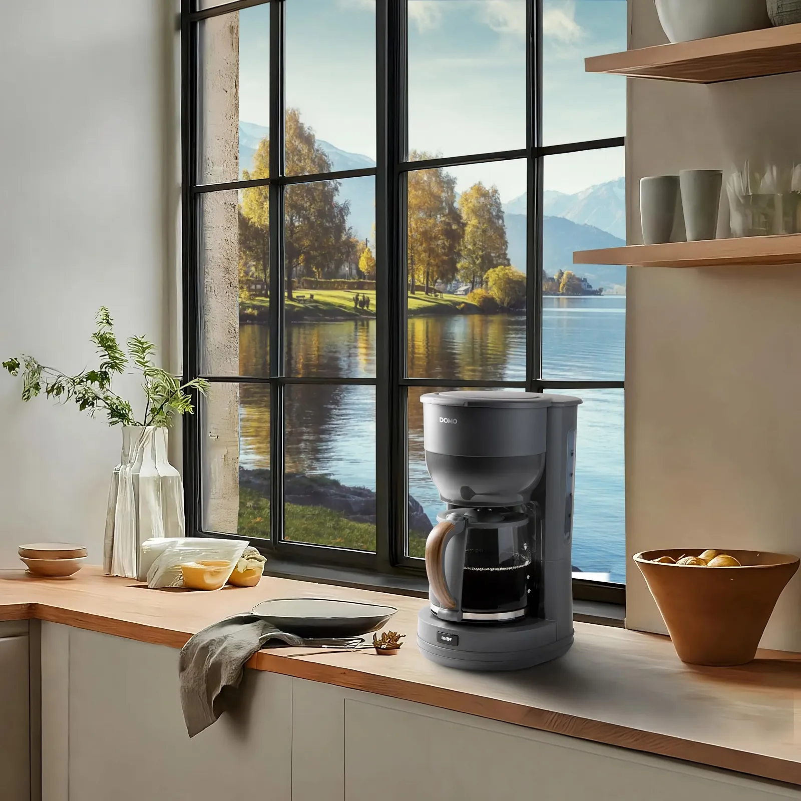 Капельная кофеварка DOMO Wood You Series DO754K 1,25 л 10 чашек Матовый серый с отделкой под дерево, фото №4