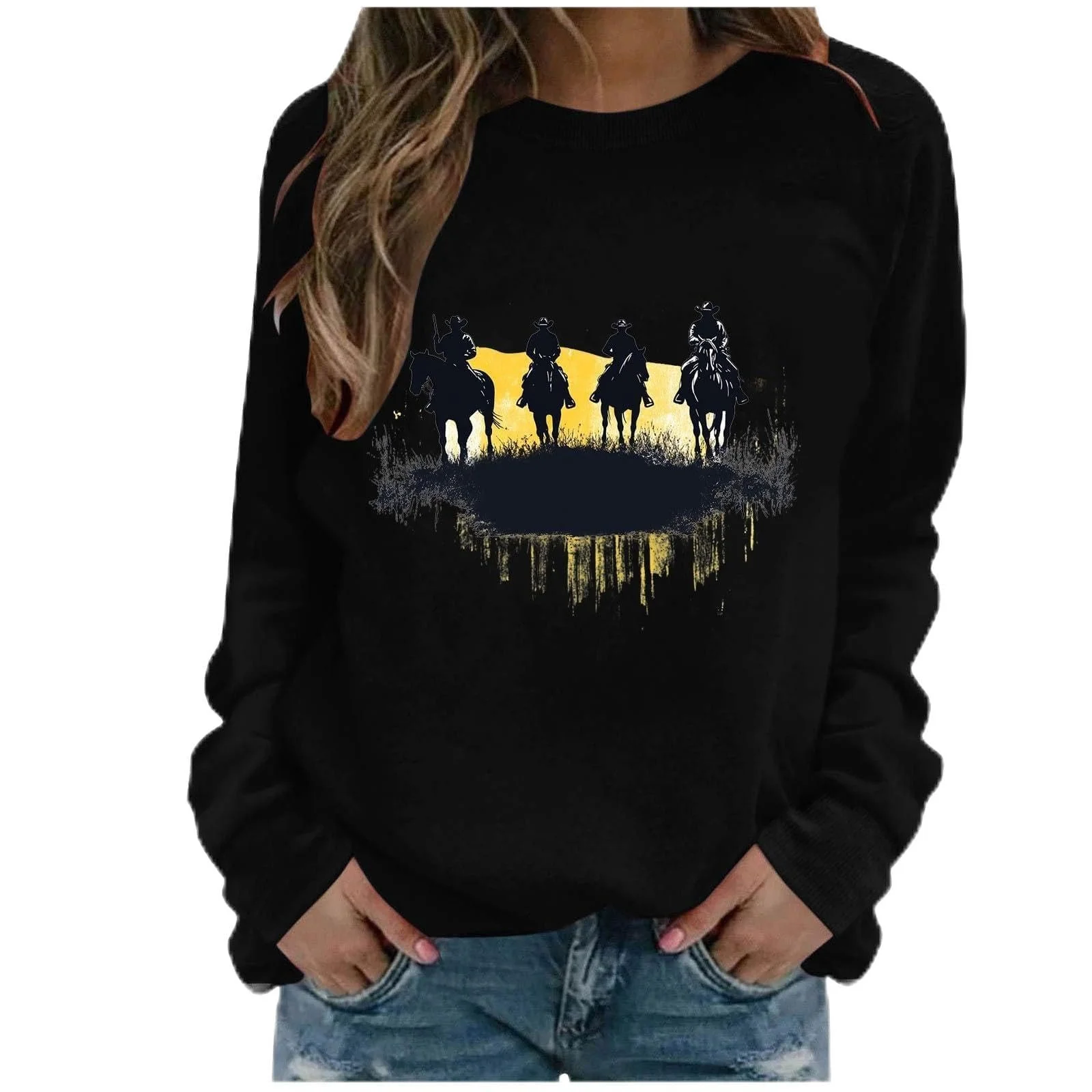 Лонгслив Komiseup Basic, круглый вырез, свободный крой, свитшот без капюшона, западный ковбойский принт, праздничная спортивная рубашка, модный топ с принтом лошадей, подростковая одежда для девочек 14, фото №1