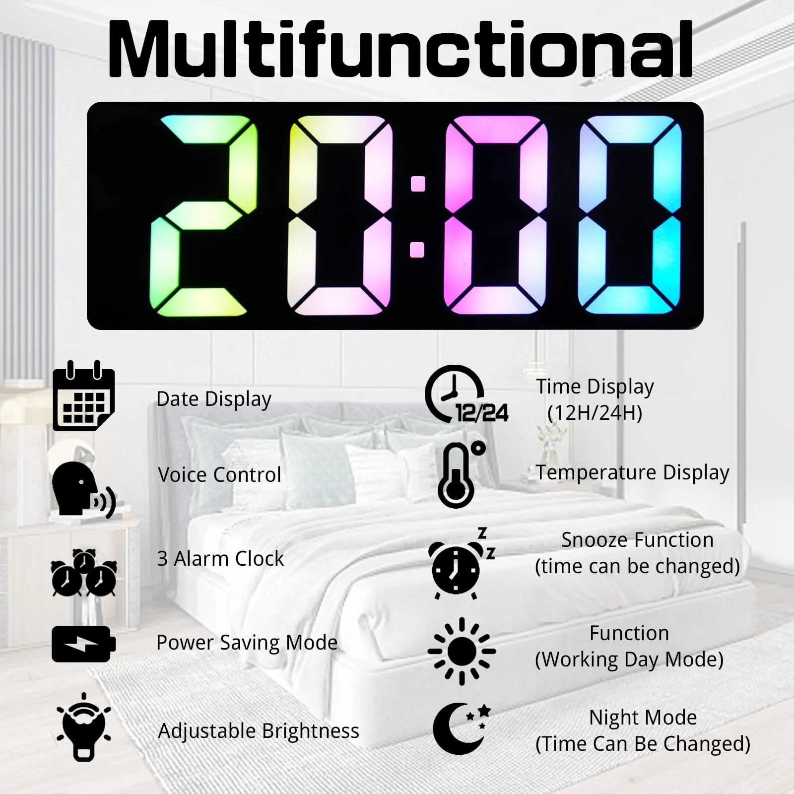 Цифровой Будильник с LED экраном, Цветной, Настольный, USB/Батарейках, Отображение Температуры, Регулируемая Яркость, Голосовое Управление, 12/24 Часовой Формат для Дома, фото №5