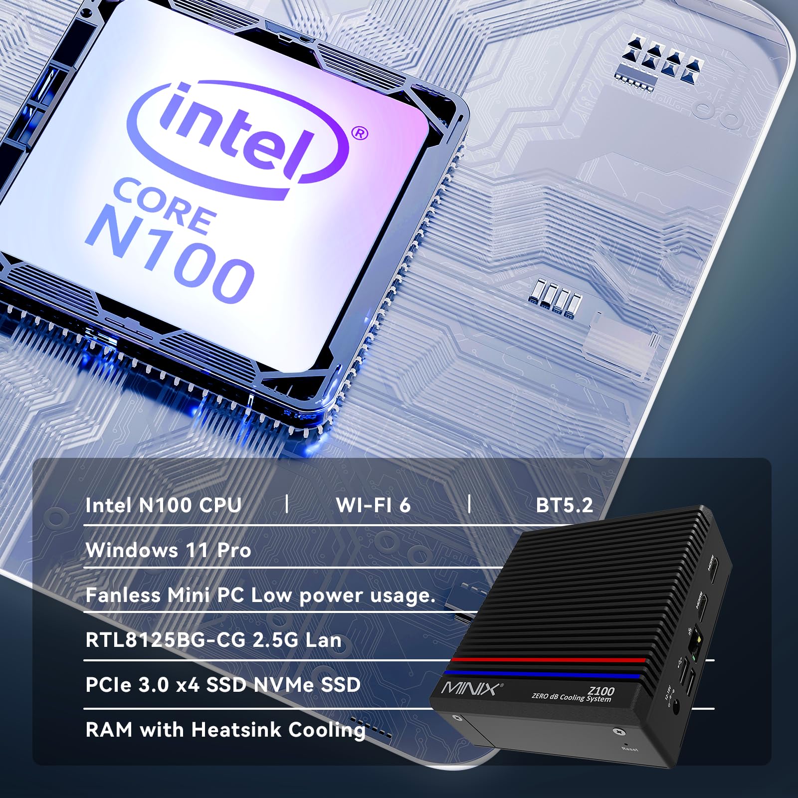 Безвентиляторный ПК MINIX Z100-0dB Intel N100 8GB DDR4 256GB PCIe 3.0x4 SSD Win 11 Pro 4K Dual Display/2.5G LAN/WiFi 6/BT5.2/Автозапуск, фото №7