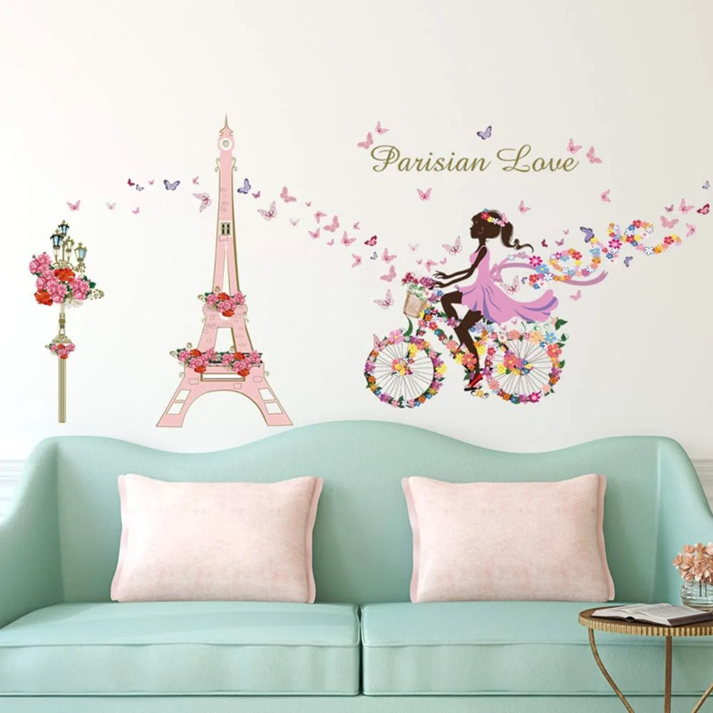 Наклейка на стіну Дівчинка на велосипеді Квіти Ейфелева вежа Метелики, фото №2 Наклейка на стіну Дівчинка на велосипеді Квіти Ейфелева вежа Метелики, фото №2