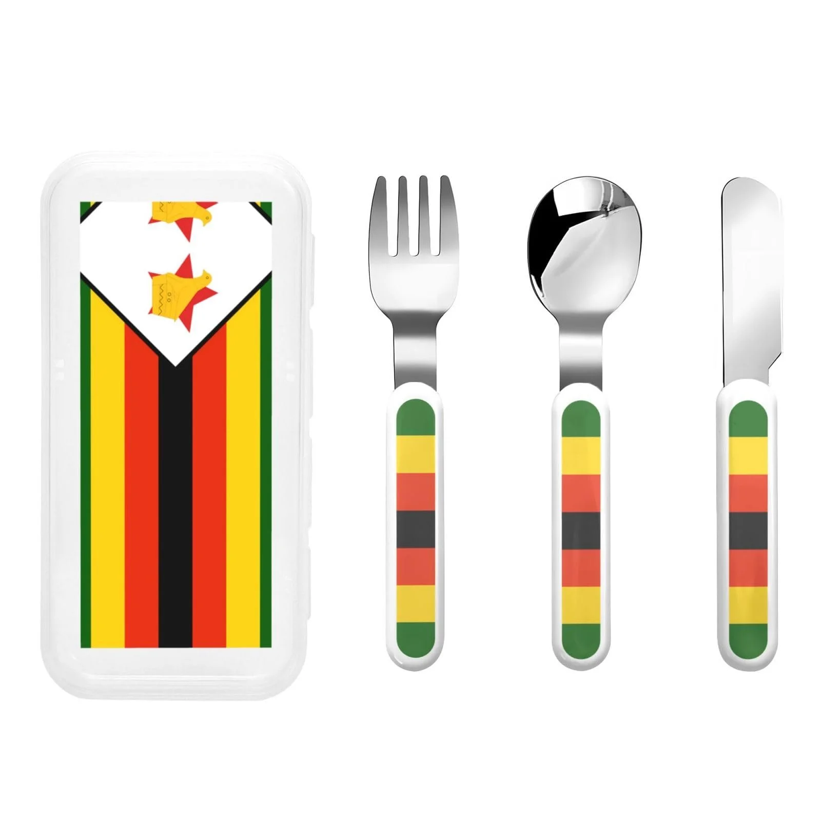 Набір дитячих столових приборів з трьох предметів з принтом прапора Зімбабве, багаторазовий, фото №1 Набір дитячих столових приборів з трьох предметів з принтом прапора Зімбабве, багаторазовий, фото №1