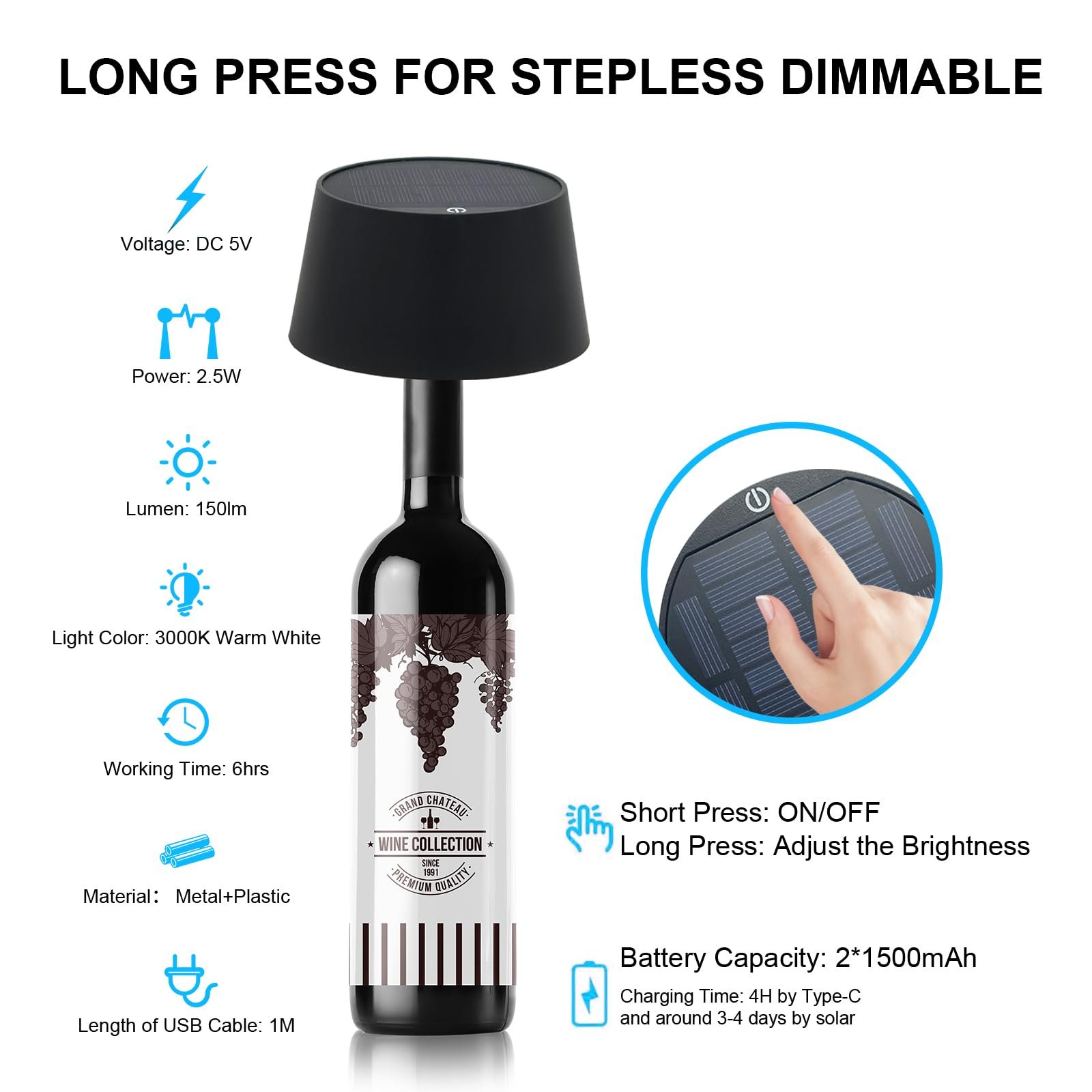 Сонячна настільна лампа ANTELA Бездротова димована LED Вулична Акумуляторна 3000 К IP44 Чорна 1 шт., фото №2