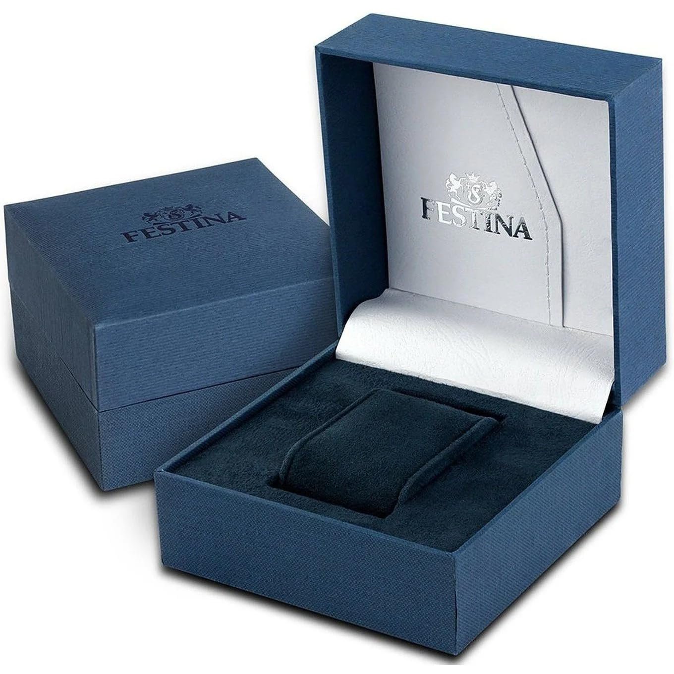 Женские часы Festina Swiss made F20009/3 серебристый корпус из нержавеющей стали, синий кожаный ремешок, сине-серебряно-золотой, браслет, фото №2