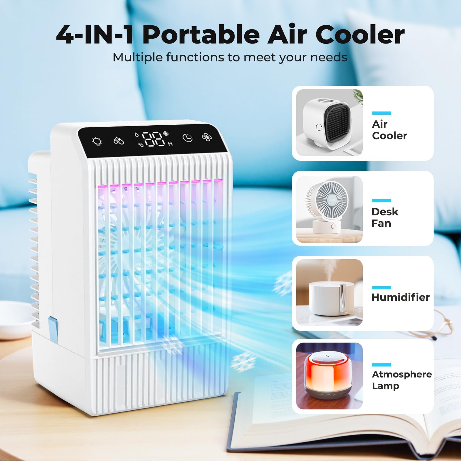 Портативний кондиціонер 4-в-1 1000 ml 4 швидкості Таймер Підсвічування, фото №2