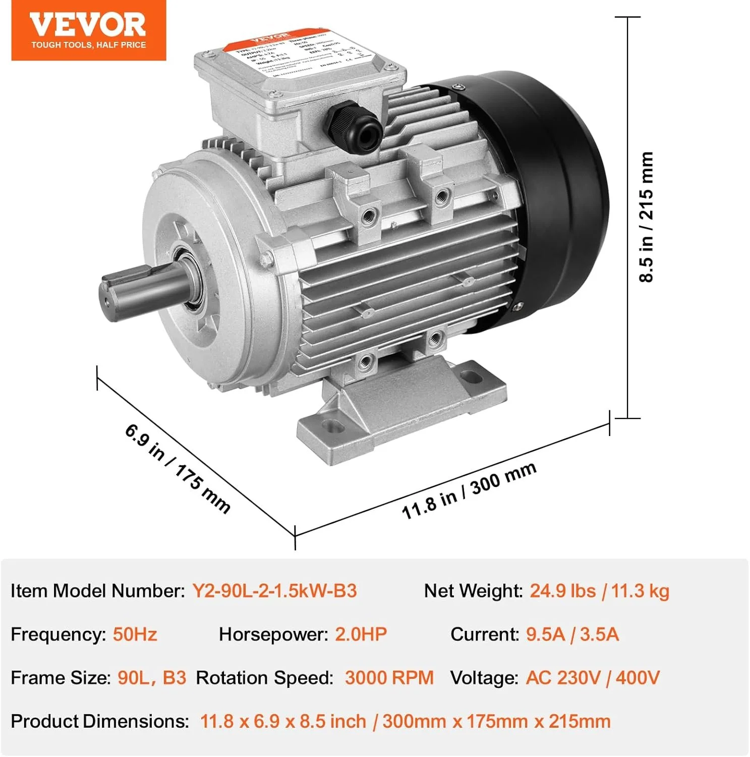 Электродвигатель Vevor Y2-90L-2-1.5kW-B3 / Black/Silver, фото №7