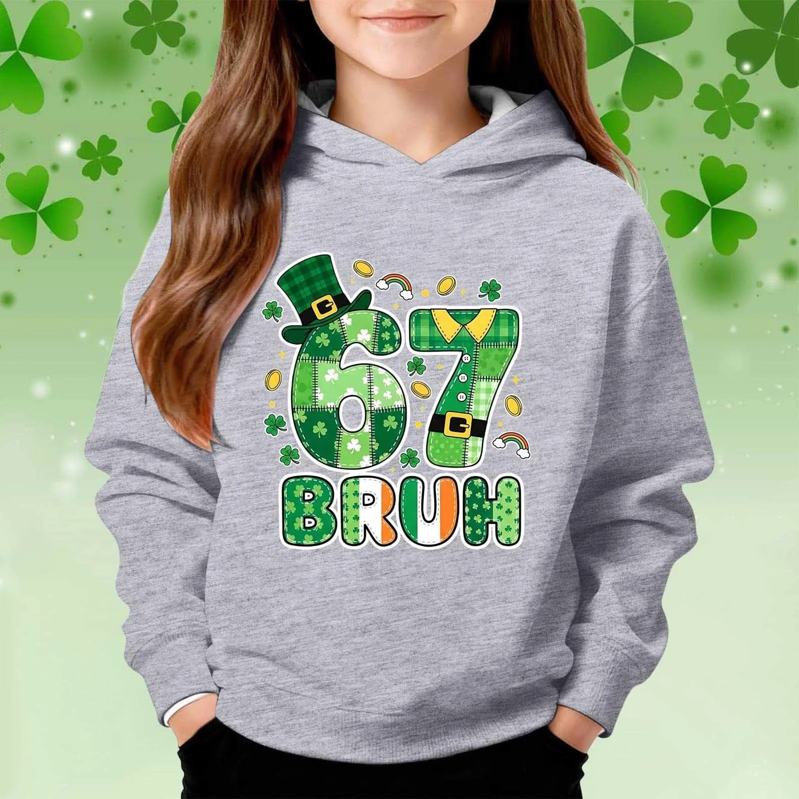 Худи Six Seven Meme Y2K St. Patrick's Day с длинными рукавами и принтом 67, пуловер, повседневная свободная толстовка, подростковый пуловер для мальчиков и девочек, модный джемпер, фото №2