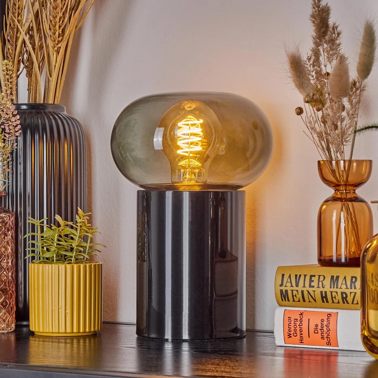 Настільна лампа Tati сучасна метал/скло ретро/вінтаж 15 см висота 22 см вимикач на кабелі 1 x E27 чорна/димчаста, фото №8