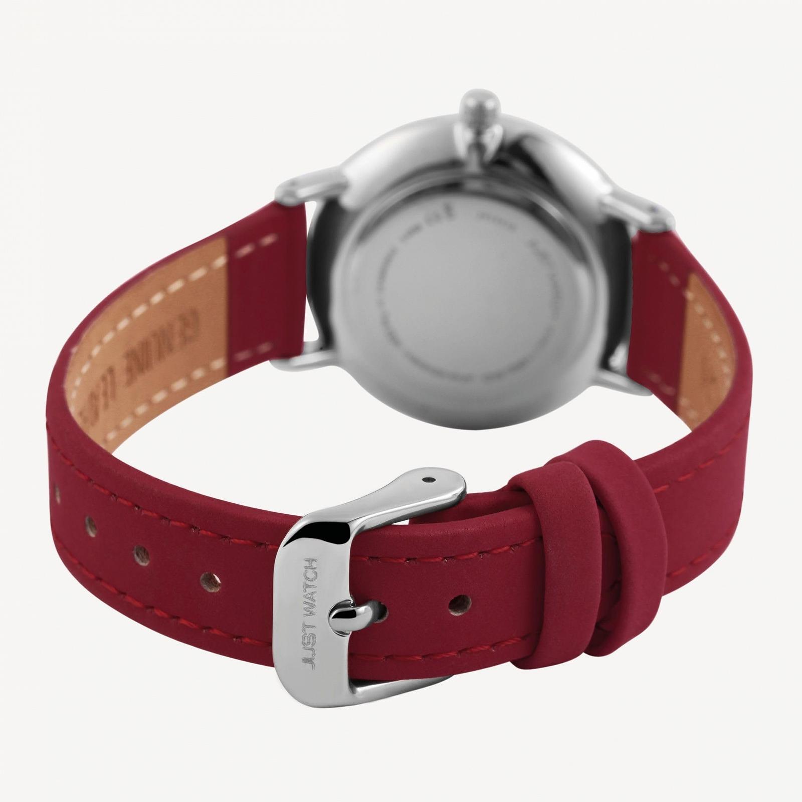 Женские наручные часы Just Watch, серебристый корпус 33 мм, красный кожаный ремешок, фото №6