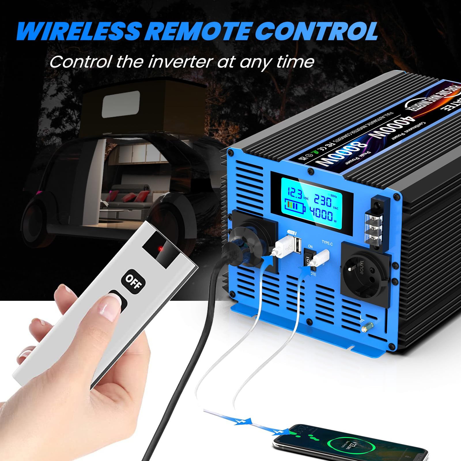 Інвертор 4000 W 12 V 230 V перетворювач напруги чистої синусоїди з 2 EU розетками, USB Виходом, Type-C, пультом дистанційного керування та LCD дисплеєм пікова потужність 8000 W для вантажівки кемпінгу аварійний кемпер фургон, фото №2